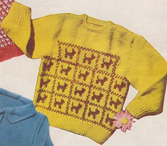 Tail waggers, baby jumper/sweater with stranded colour work dogs across the front. Free knitting pattern.