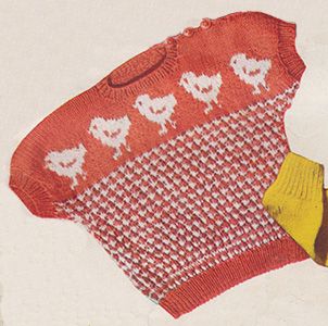 Toddler's short sleeved top with baby chickens in stranded knitting across the front. Free knitting pattern.