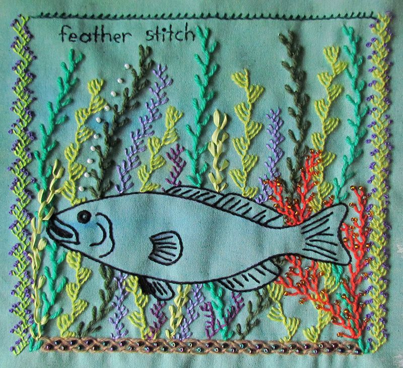 feather stitch used in a freestyle embroidery project as leaves