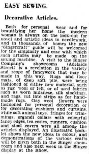 A Description of Singercraft Articles to be Shown at the Royal National Show (Australia), Brisbane Courier, August 3, 1934