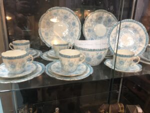 Blue and white china dinner service with a floral design