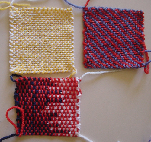 Plain weave, twill weave and clasped weft woven squares.