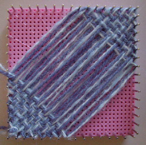 Weaving a continuous weave, bias square on the Hazel's Adjust-O-Peg loom