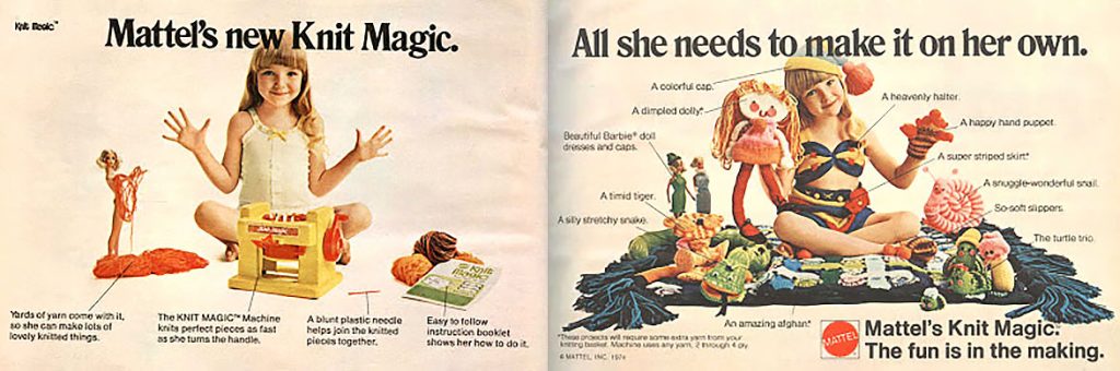 1974 magazine advertisements for the Mattel Knit Magic. 
