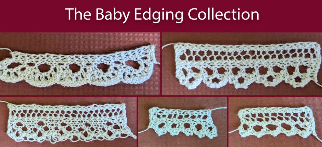 Five narrow, knitted edgings.