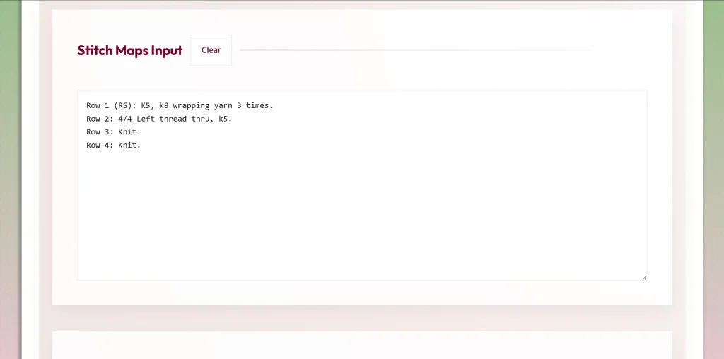 Screenshot from the Maps to Mastery knitting pattern text conversion app.