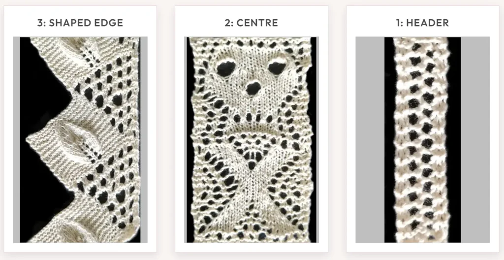 Three images of parts of a lace edging. On the left, a pointed lace edge with leaves in a squares of garter stitch, in the centre is a lace skull and crossbones, and the right is a simple eyelet edge with two vertical rows of eyelets.
