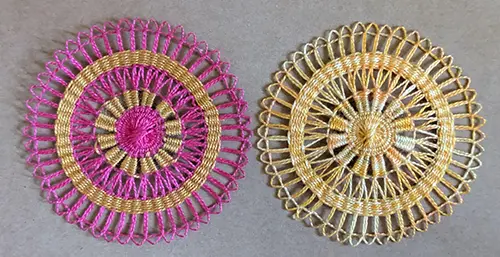 Two teneriffe lace motifs with woven ring designs.